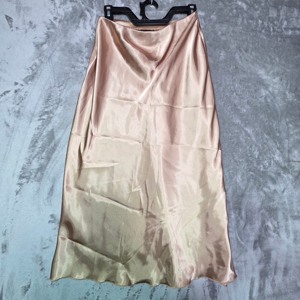 Nicole Miller New York Champagne Satin Midi Skirt Small Bias Cut Elastic Waist